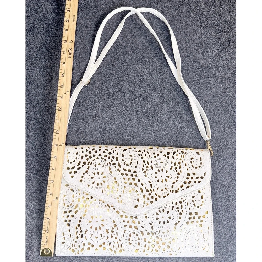 NWOT White Gold Laser Cut Crossbody Bag Floral Envelope Clutch Purse
